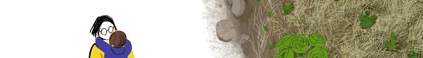 A child in a mother’s arms, with wind rustling their hair.